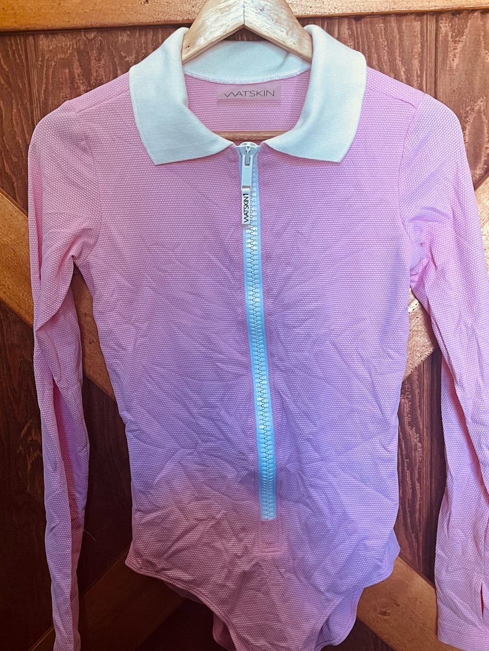 WatSkin Pink Long Sleeve Zip Front Polo Bodysuit with white Collar
